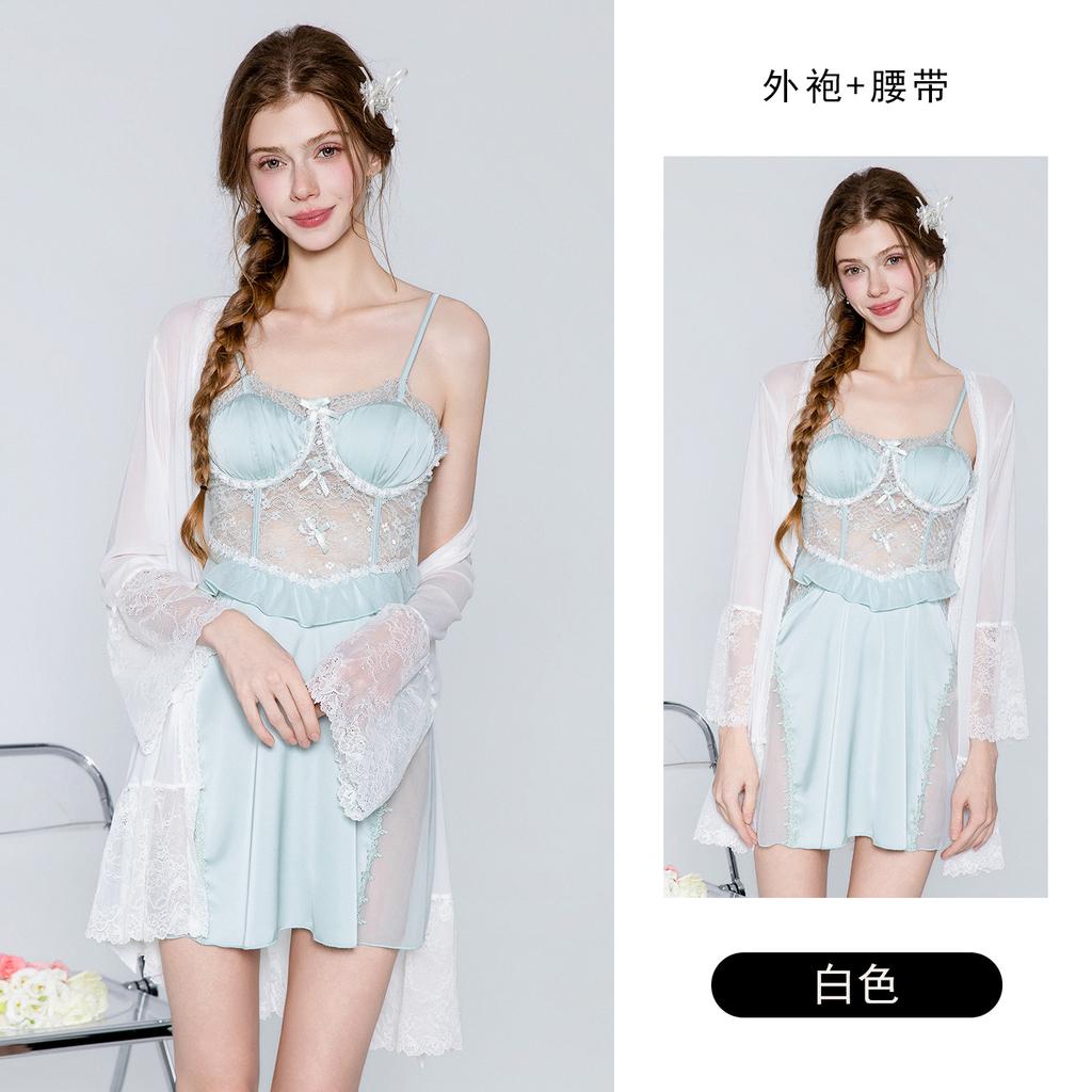 Women's Palace Style Satin Lace Sheer Padded Backless Cami Sleep Dress with Robe Set