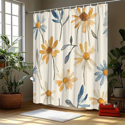 1pc Daisies Slender Leaves Seamless Shower Curtain - Soft Airy Floral Light Cream Polyester,Washable & Fashionable Home Decor