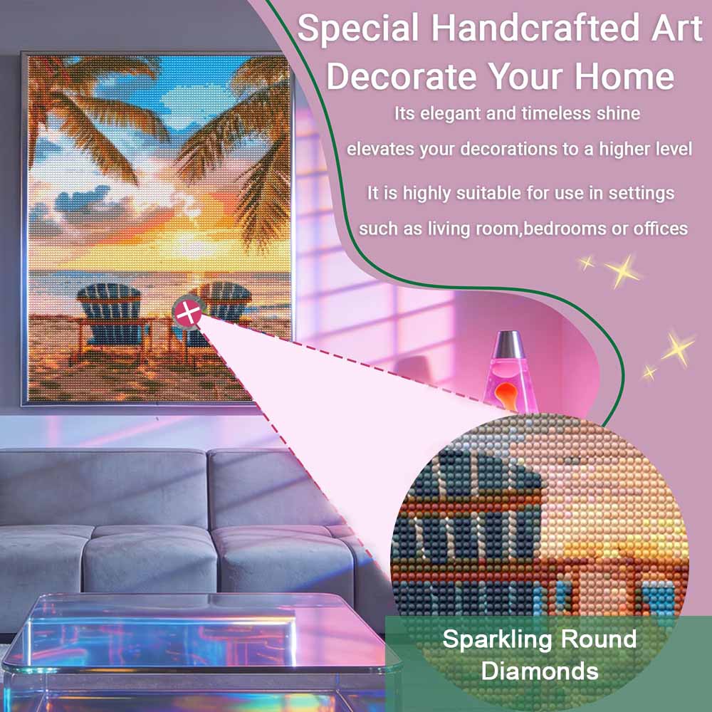 Diamond painting DIY beach sunset palm tree chairs kit for home room decoration