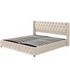 Upholstered Bed Wingback, Double Row of Studs Velvet, Button Stitching Head and Foot End, Double Bed 160*200, Hydraulic Function, Beige