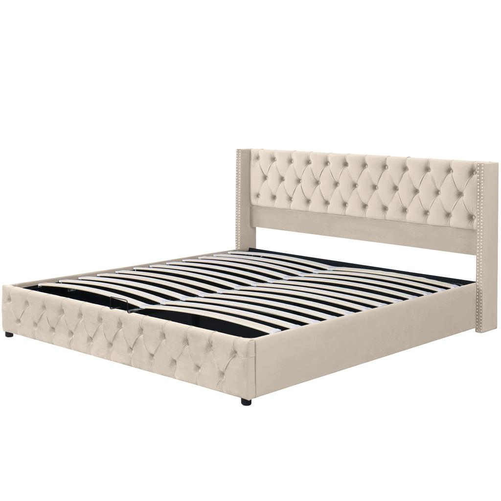 Upholstered Bed Wingback, Double Row of Studs Velvet, Button Stitching Head and Foot End, Double Bed 160*200, Hydraulic Function, Beige