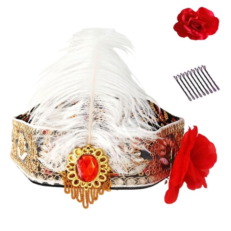 Elegant Ethnic Dance Event Hat With Feathered And Sequins For Women Stage Performances Folk Dance Costume Accessories