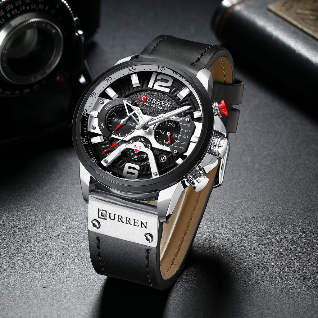 CURREN Modische Herrenuhr Luxusmarke Herren Multifunktions-Sportuhr Lederarmband Wasserdichte Quarz-Uhr Geschenk für Männer