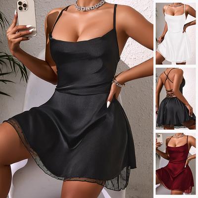 Satin Backless Cami Nightgown Crisscross Lace-Up Lace Hem Slim Fit Women's Loungewear 840 Stylish Adjustable Sleepwear with a Crisscross Back Design