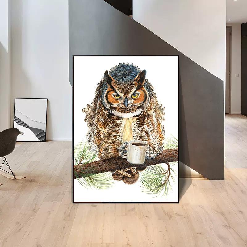 Funny Animal, Tiger, Owl, Dog, Cat Drinking Coffee, Poster, Canvas, Painting, Lama, Latte, Coffee, Art Painting for Decoration Cafe