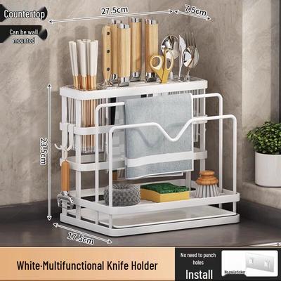 Wall-Mounted Kitchen Knife and Utensil Holder with Hooks