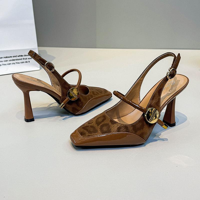 

Французький леопардовий принт високі підбори тонкий каблук квадратний носок з туфлями Мері Джейн 2025 новий літній мішок голова порожні сандалі 40 коричневий