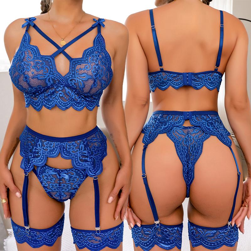 Sexy 3-Pieces Women Pajamas Set Deep V-Neck Tops And Shorts Garters Pajama Suit Ladies Sling Nightwear Sexy Lingerie Babydoll