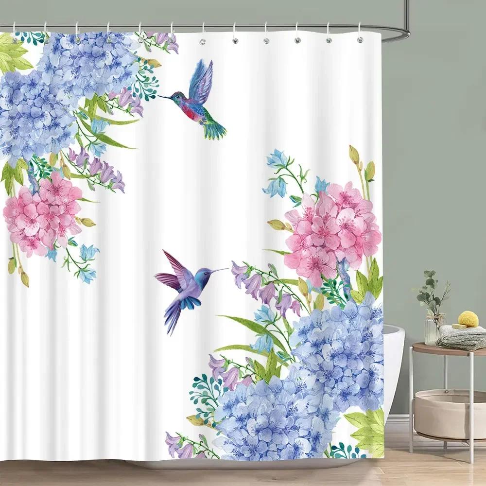 Hummingbird Floral Shower Curtain Birds Watercolour on Flower Branches Printed Polyester Bath Curtains Bathroom Decor with Hooks