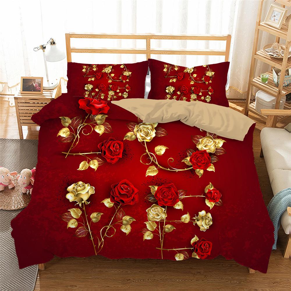 Golden Red Rose King Queen Duvet Cover Romantic Floral Bedding Set Valentine's Day Flowers Quilt Cover Polyester Comforter Cover