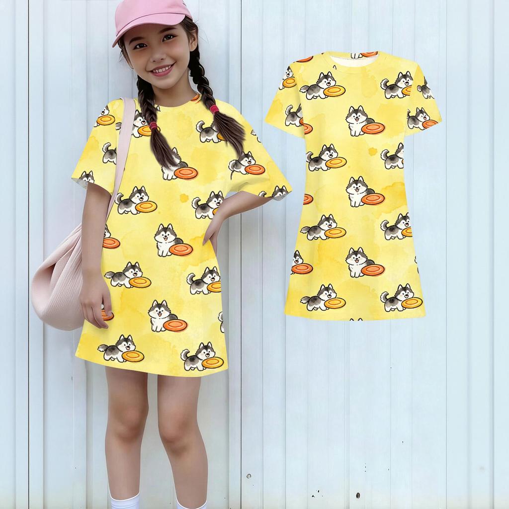 Girls Loose Fit Short Sleeve Dress Animal Print Round Neck Casual Lightweight Summer Dress for Kids