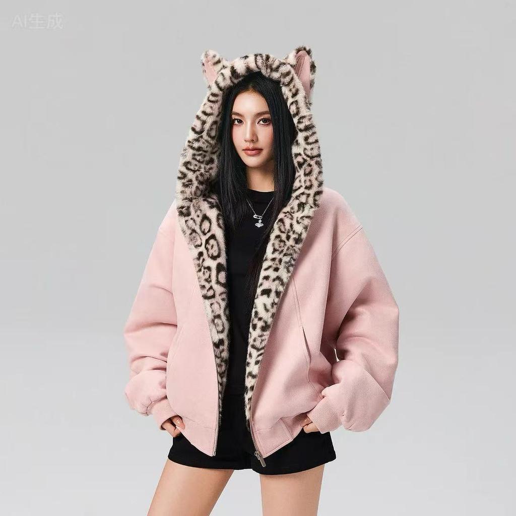 Women's New American Leopard Cat Ears Short Section of Cold Lightweight Thickened Padded Warm Loose High-quality Fabric Casual Sports Cotton Clothing