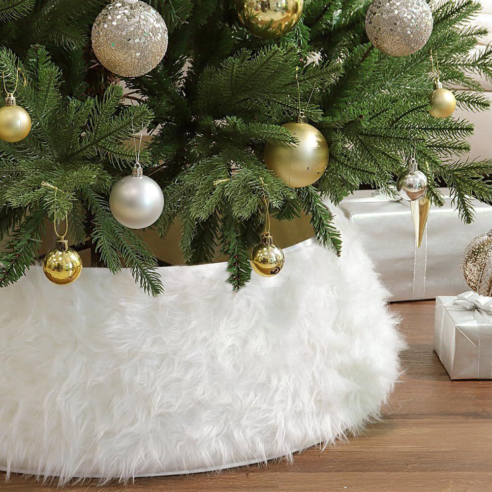Luxurious White Plush Christmas Tree Skirt with Cross-Border Collar - Elegant Indoor Holiday Decoration