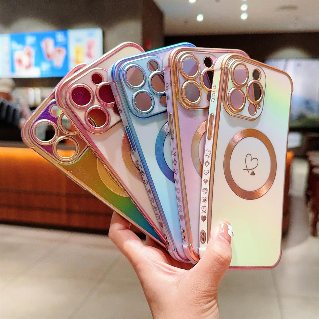 For iPhone 13 Pro Max Magnetic Case Side Love Heart TPU Phone Cover Gradient Holographic