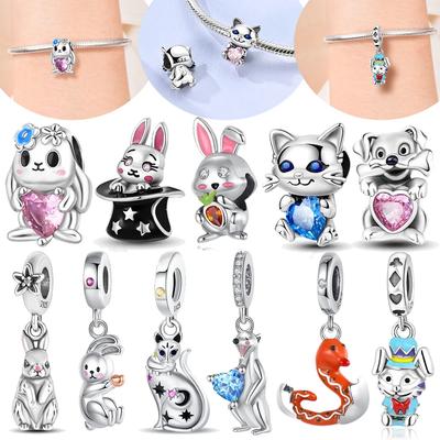 Original Hatched Snake White Rabbit Blue Zircon Heart Catcopper Animal Pendant Charm Bead Fit Bracelet Women Gift Accessory