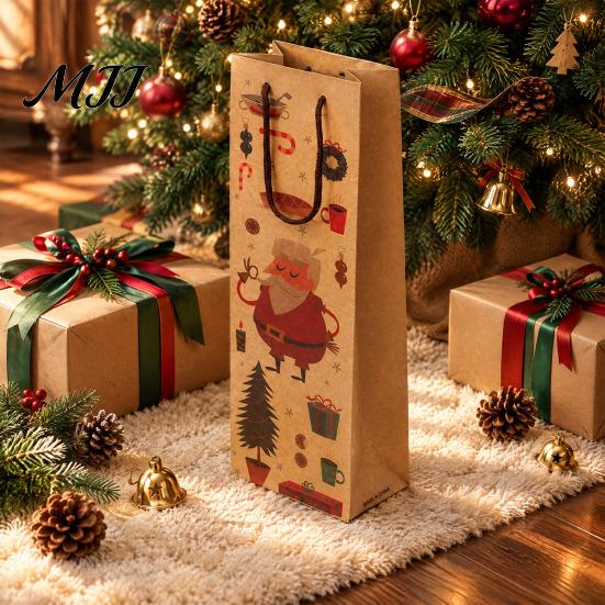 Festive Paper Wine Bottle Bags Christmas Gift Bag, Reusable Bag with Handle, Santa Tree Party Packaging Wreath Print for Favors And Seasonal Presents