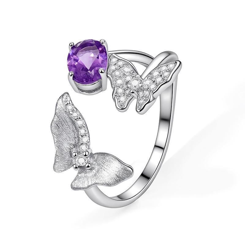 Women 925 Sterling Silver Butterfly Ring Natural Crystal 5*7mm Adjustable Open Jewelry