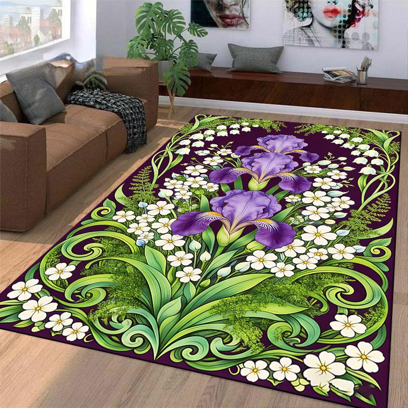 Floral Pattern Carpet with Purple Irises and Green Leaves Decor Suitable for use as an anti-slip for living room bedroom sofas