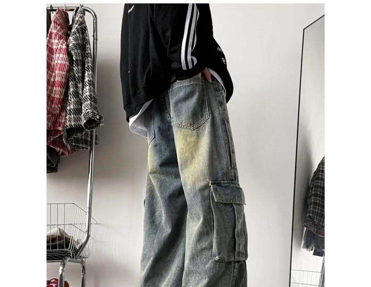 

Мужские летние модные джинсы карго широкого кроя с большими карманами - выстиранные ретро брюки длиной в пол M синий