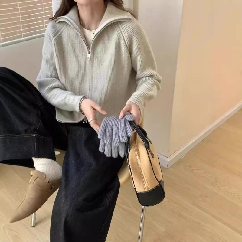 Soft Waxy Double Zipper Sweater Jacket Women's Autumn and Winter New Solid Color Lazy Wind Knitted Sweater Cardigan Women