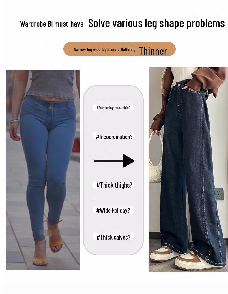 Women's Dark Blue High-Waisted Plush Wide-Leg Pants - Autumn/Winter Fleece, Straight, Loose Fit (Style 66228)