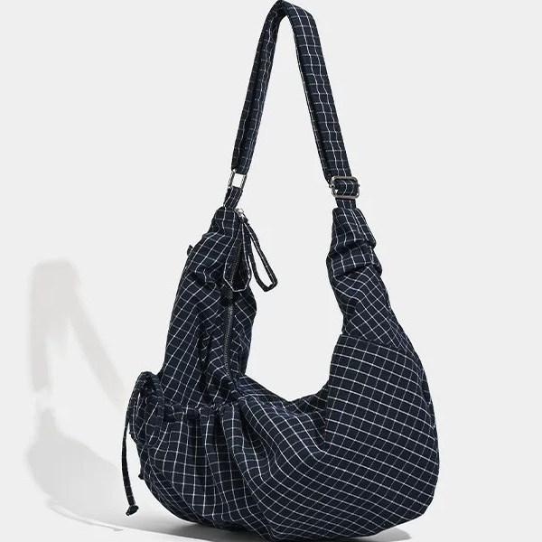 Korean Niche Plaid Drawstring Lightweight Casual Messenger Bag Women'S Lazy Style Show Daily Shoulder Bag