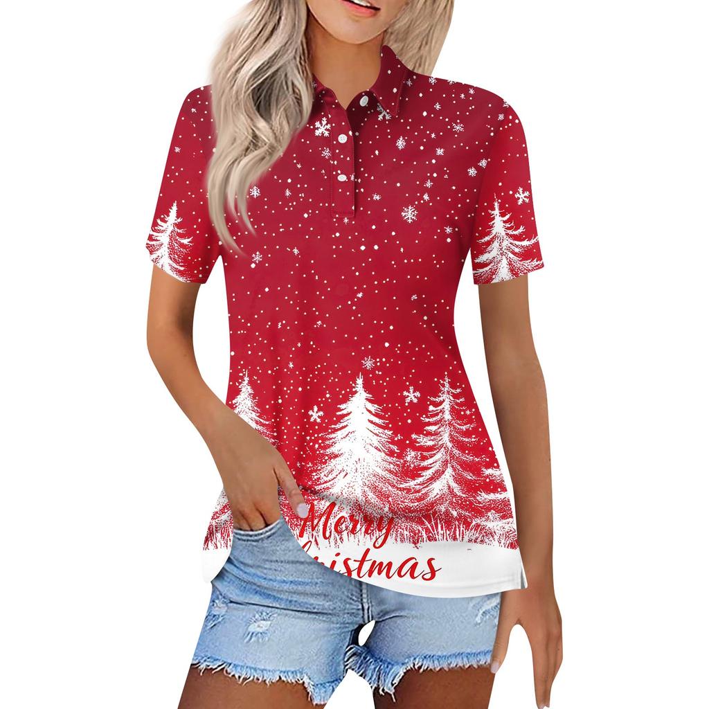 Dámská móda Ležérní klopa Krátký rukáv Vánoční potisk Košile Dámské knoflíkové topy