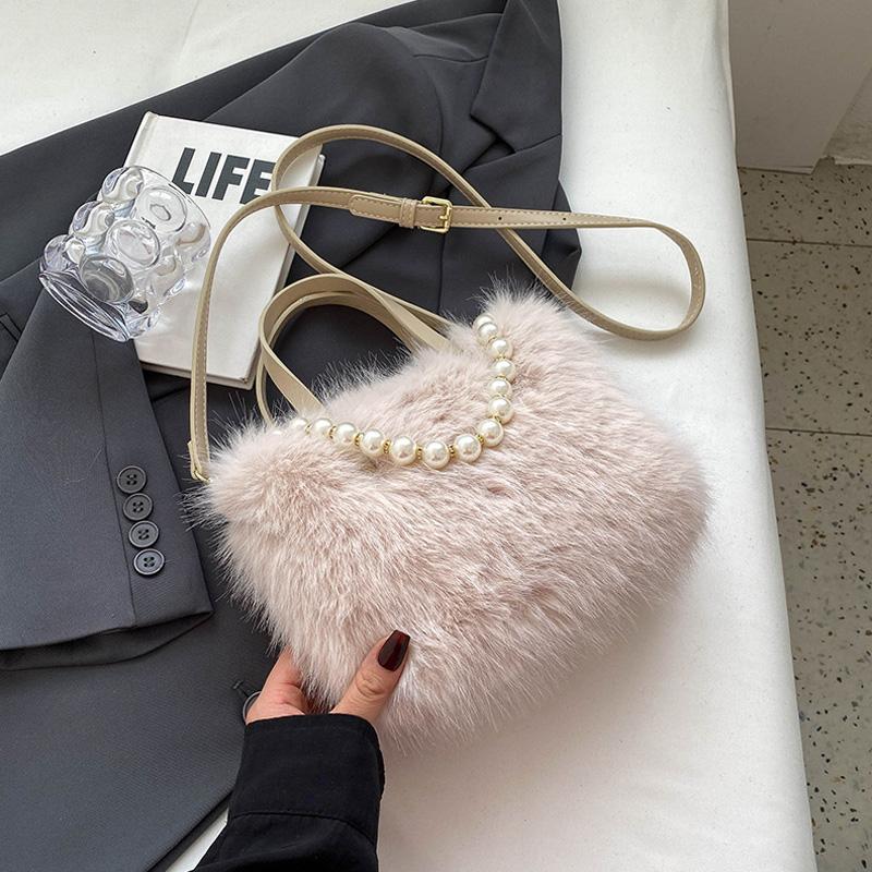 Winter Fashi Faux Fur Crossbody Bags For Women's Gift, Pearl Chain Decor Shoulder Bag, Ladies Handbags Top-handel Bag