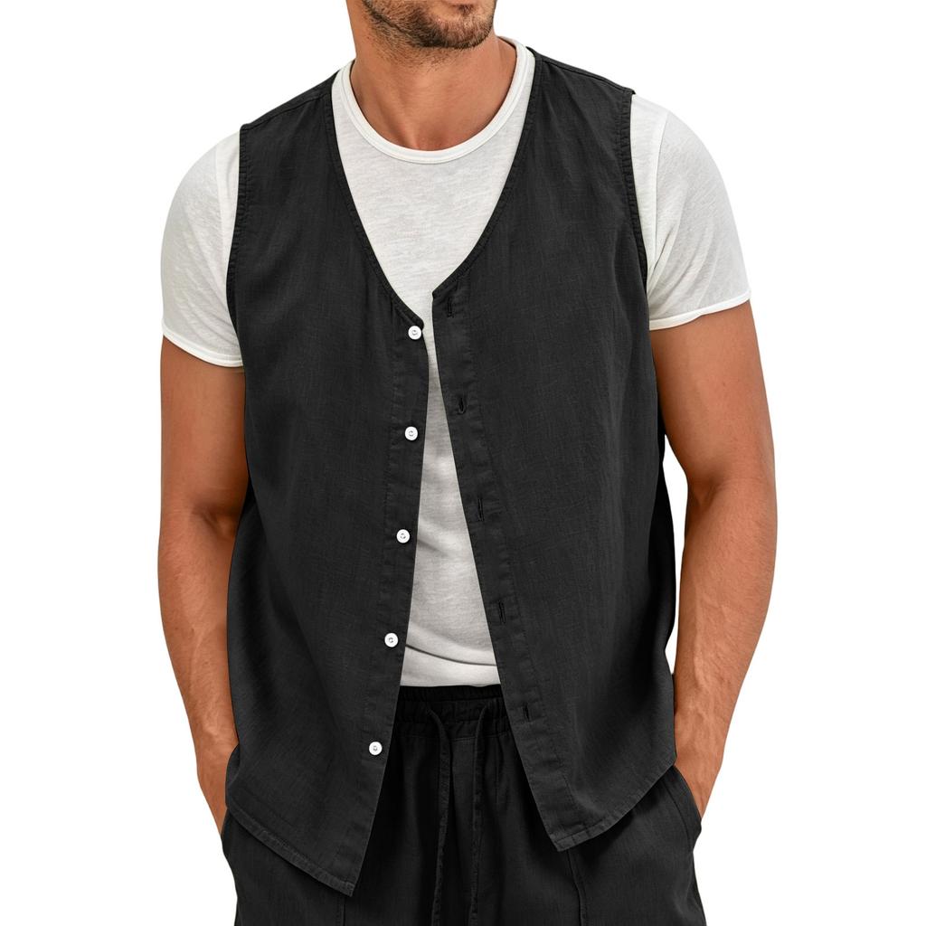 Men's Lightweight Button Front Linen Vest Sleeveless Casual Summer Shirt Non-Iron Breathable Fabric Relaxed Fit