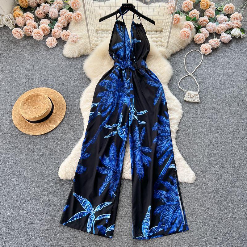 

Bohemia Vacation Style Casual Loose High Waist Halterneck Blue S