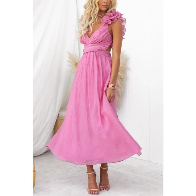 

Women s Summer Sexy Sleeveless Solid-Color Tie-Waist Pleated Skirt Dress XL рожевий