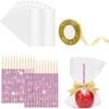 Glitter Candy Apple Sticks and Bags, 24P Bling Sticks with 30p Candy Bags & 1 Roll 25yd Glitter Ribbon, Caramel Apple Wooden Bling Pointed Skewers
