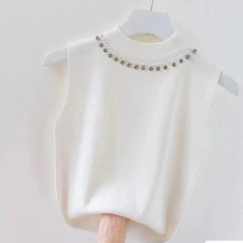 Fashion Knitted Sleeveless Bottoming Shirt Women's Inner Sling Vest Summer Elegant Solid Color Bead New Basic Tank Tops Casual Simple Blouse Clothing