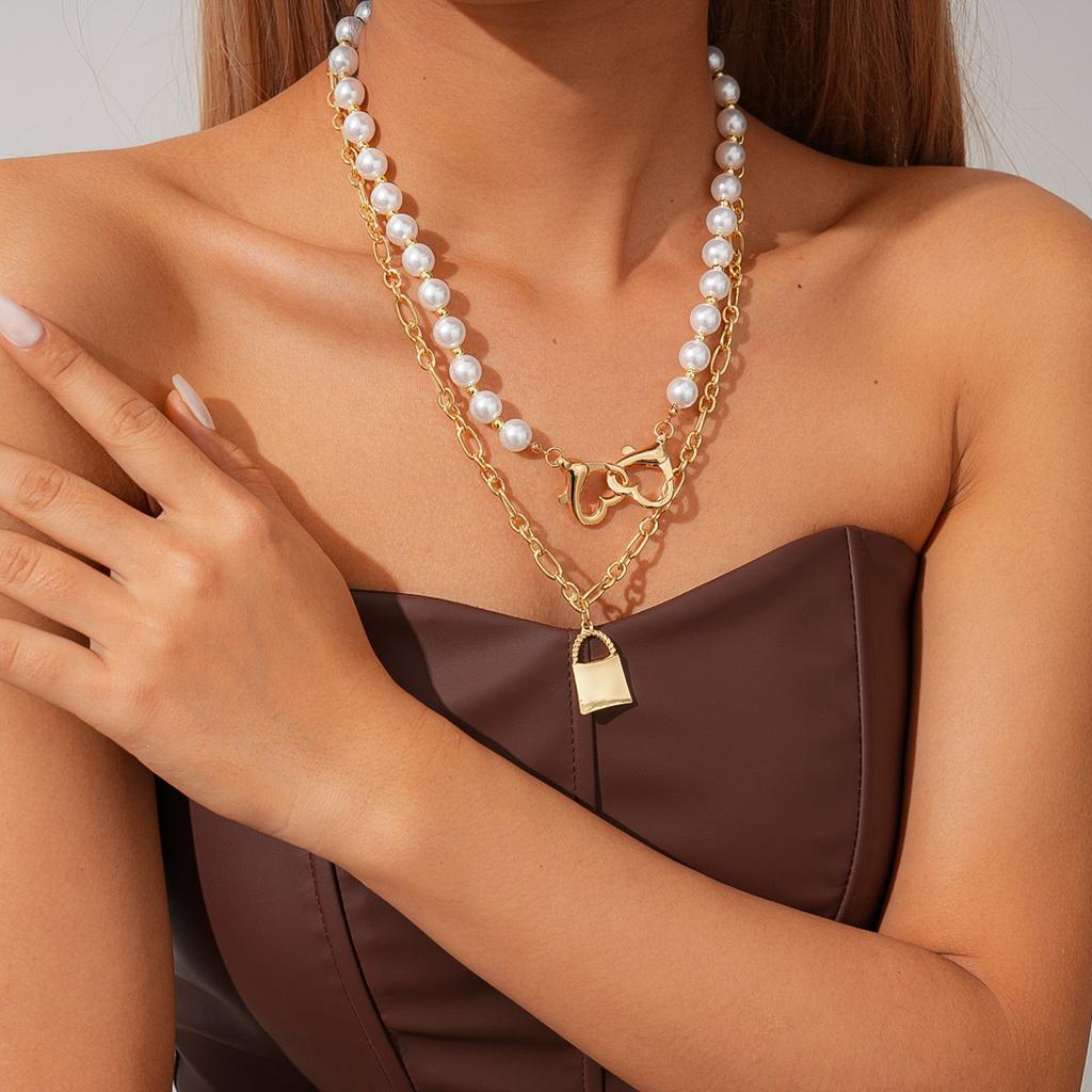 Imitation Pearl Beaded Love Bag Double Pendant Sweater Chain Personalized Necklace
