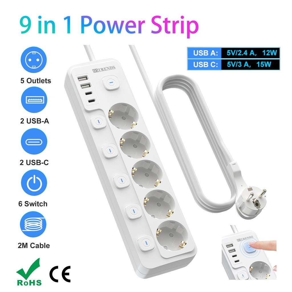 5AC EU Plug Power Strip Surge Protection with 6 Individual Switch and 4 USB Port Phone Charger 2m Extension Cable