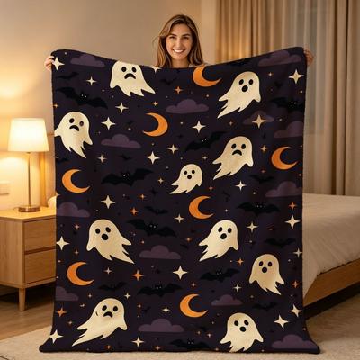 Spooky Dark Purple Ghost Bat Throw Blanket Plush Couch Cover For Creepy Halloween Night Home Decor Gift