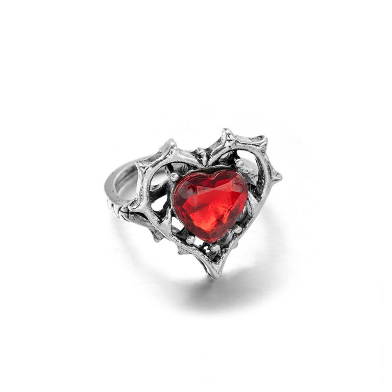 Punk Red Crystal Heart Rings for Women Vintage Metal Geometric Hollow Love Personality Finger Rings Y2K Jewelry Wholesale