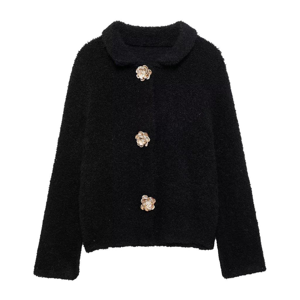 Spring 2025 Women's Sweet Loose Knitted Cardigan with Floral Button Details