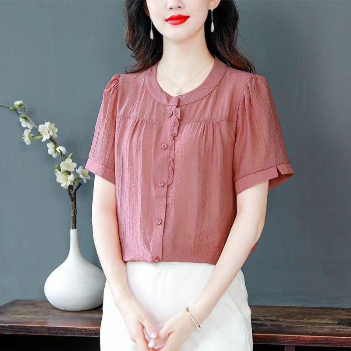 Spring/Summer 2025 Cotton-Linen Loose Slimming Round Neck Solid Color Blouse for Moms