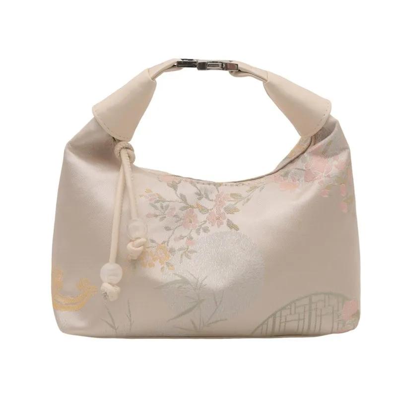 Sweet Embroidery Shoulder Bag Nylon Texture Pearl Pendant Crossbody Bag Small Bucket Handbag Women Canvas Luxury Cheongsam Bag