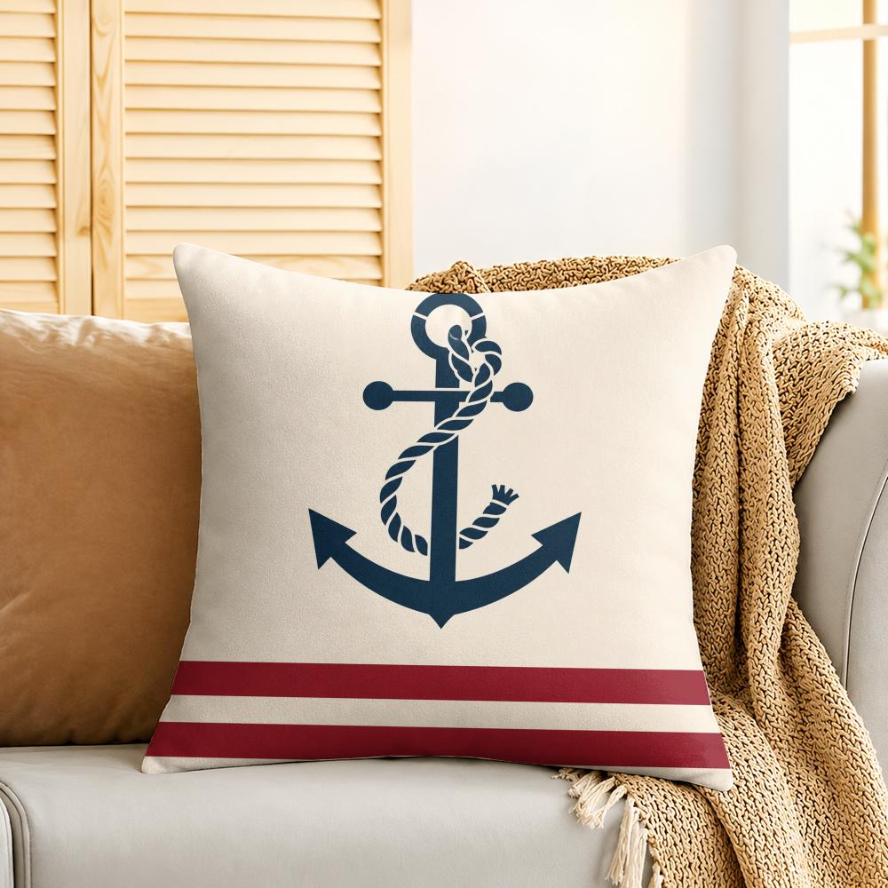 Navy Blue Nautical Ocean Boat Anchor Cushion Cover Silky Short Plush Invisible Zipper Dustproof Sofa Pillow Case For Home Decor