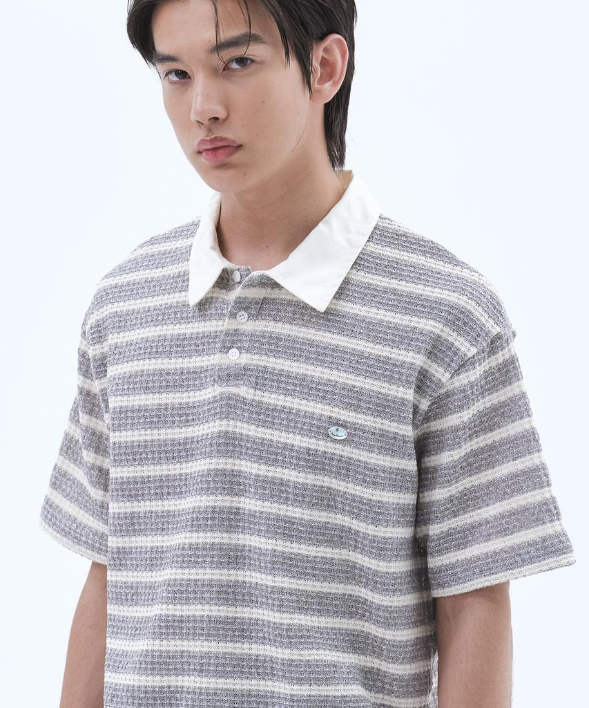 TRIP LE SENS Surfer Stripe Waffle Polo Shirt_Black