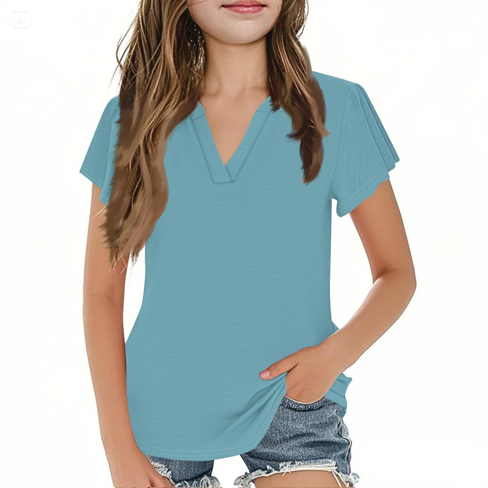 

Летний детский милый и повседневный модный однотонный топ для девочек с короткими рукавами и V-образным вырезом 130