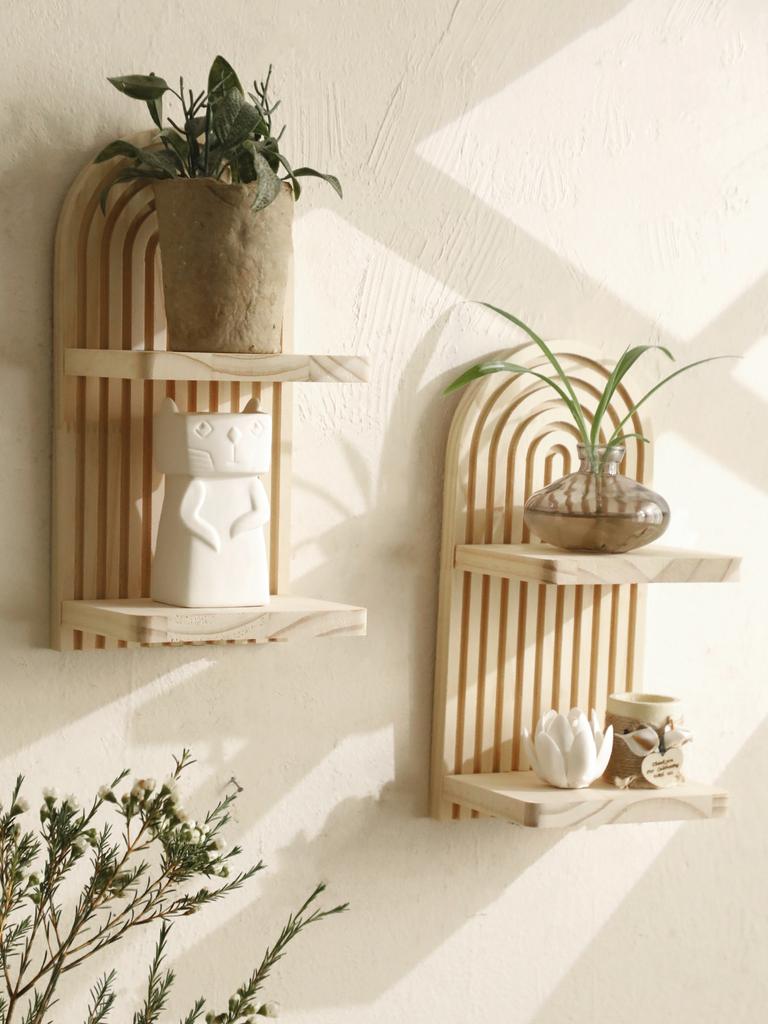 1pc Wall Mounted Shelves 2-tier Wooden Arch Decorative Shelf Plant Display Stand Home Decor Storage Rack for Living Room Bedroom