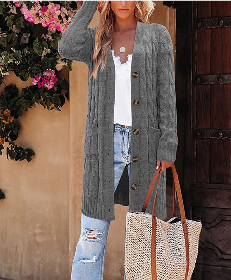Langer, lockerer Zopfmuster-Strickcardigan für Damen – Herbst/Winter Knopfleisten-Pullover für Europäische & Amerikanische Trends 2026