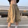 Khaki 7-point Men Summer Thin Japanese Workwear Wide-leg Loose Over-knee Shorts
