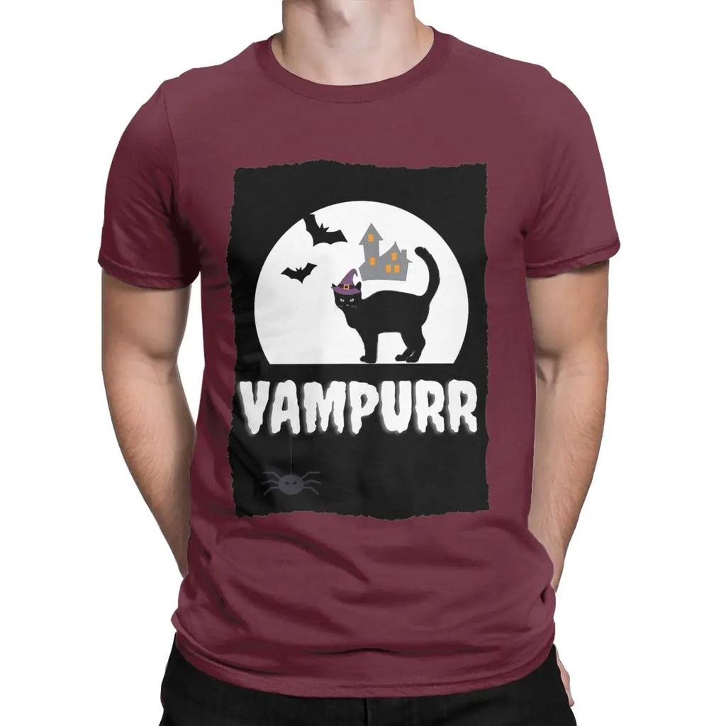 VAMPURR Halloween Bat Cat T-Shirts for Men Funny Pure Cotton Tees Round Neck Short Sleeve T Shirt Adult Tops