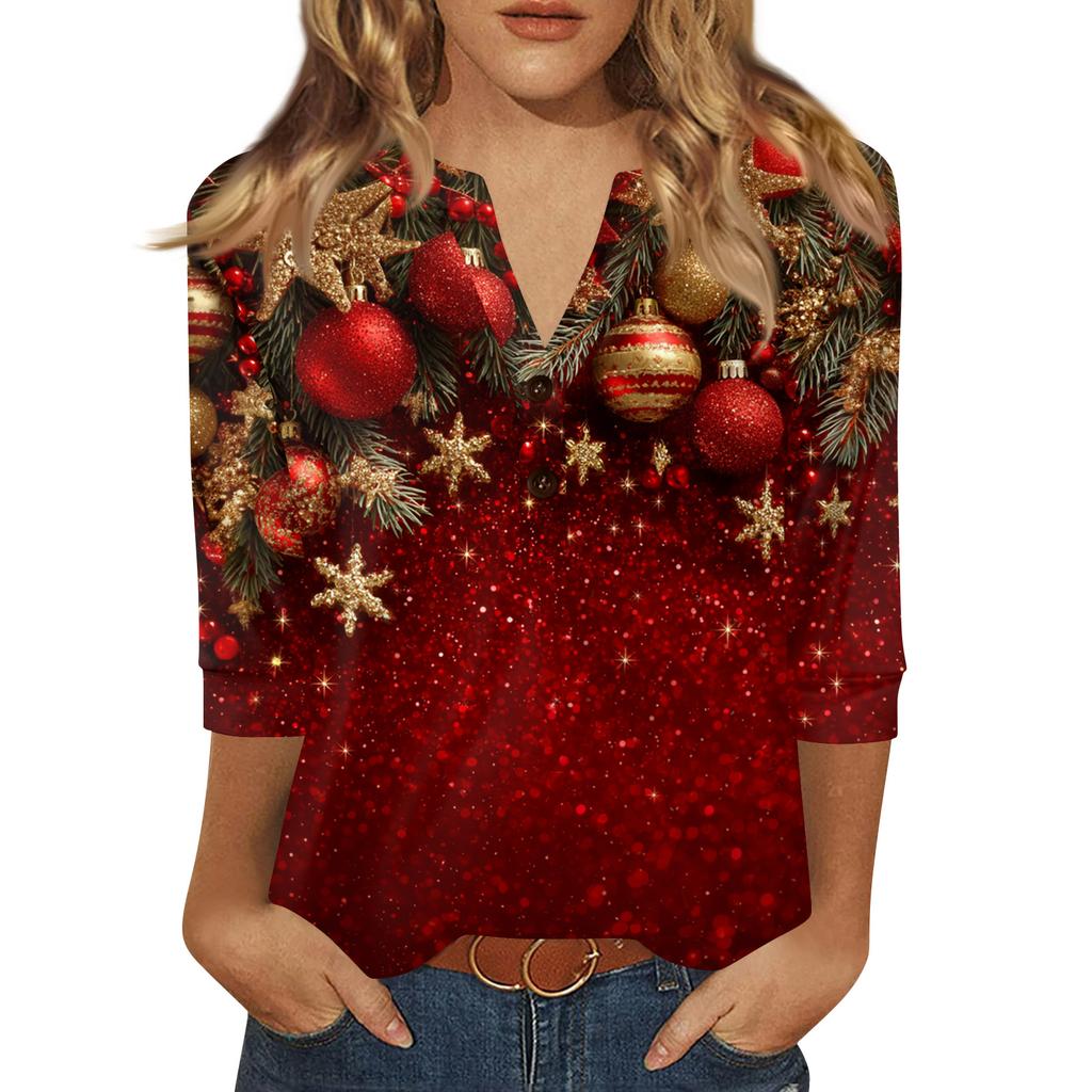 Women's T Shirt Print Button 3/4 Sleeve Daily Weekend Fashion Basic V- Neck Regular Top