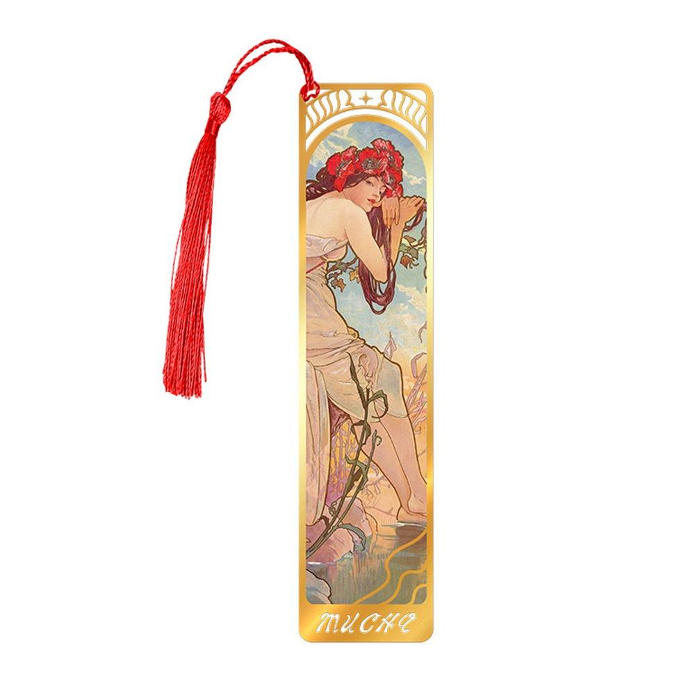 Mucha Retro Stijl Kwastje Metalen Bladwijzers Esthetisch Leesboek Paperclip Boekenliefhebbers