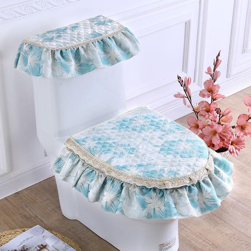 Universal European Style Double-Sided Toilet Seat Cover Set with Zippered Lace Fabric - All Seasons, Three-Piece Set.